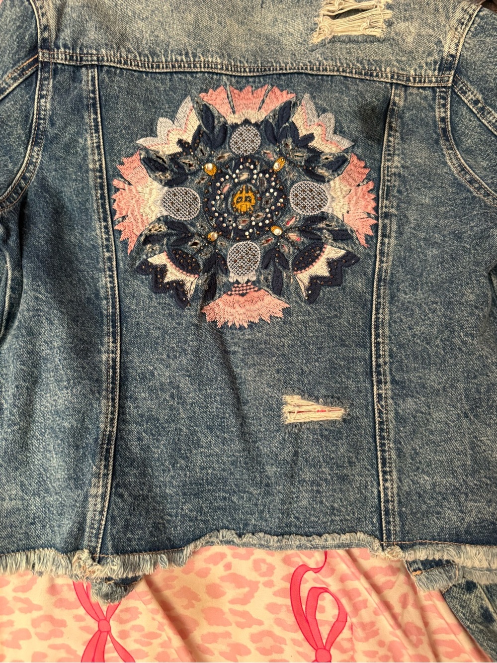 bebe Blue Distressed Denim Jacket with Embroidered Floral Accent - Picture 5 of 6